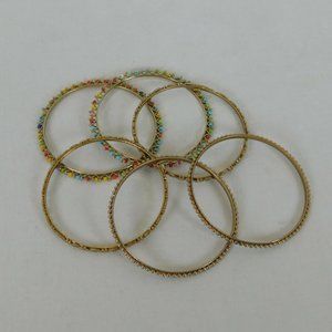 6 Gold Tone Thin Metal Bracelets Skinny Slender Bangle Beads Textured Stackable